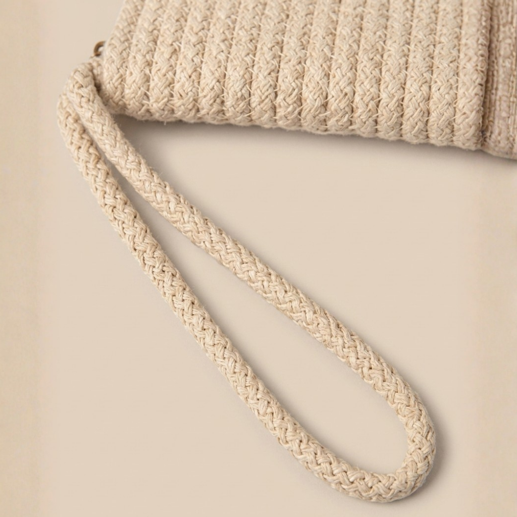 Beige knitted bag with a matching strap on a beige background